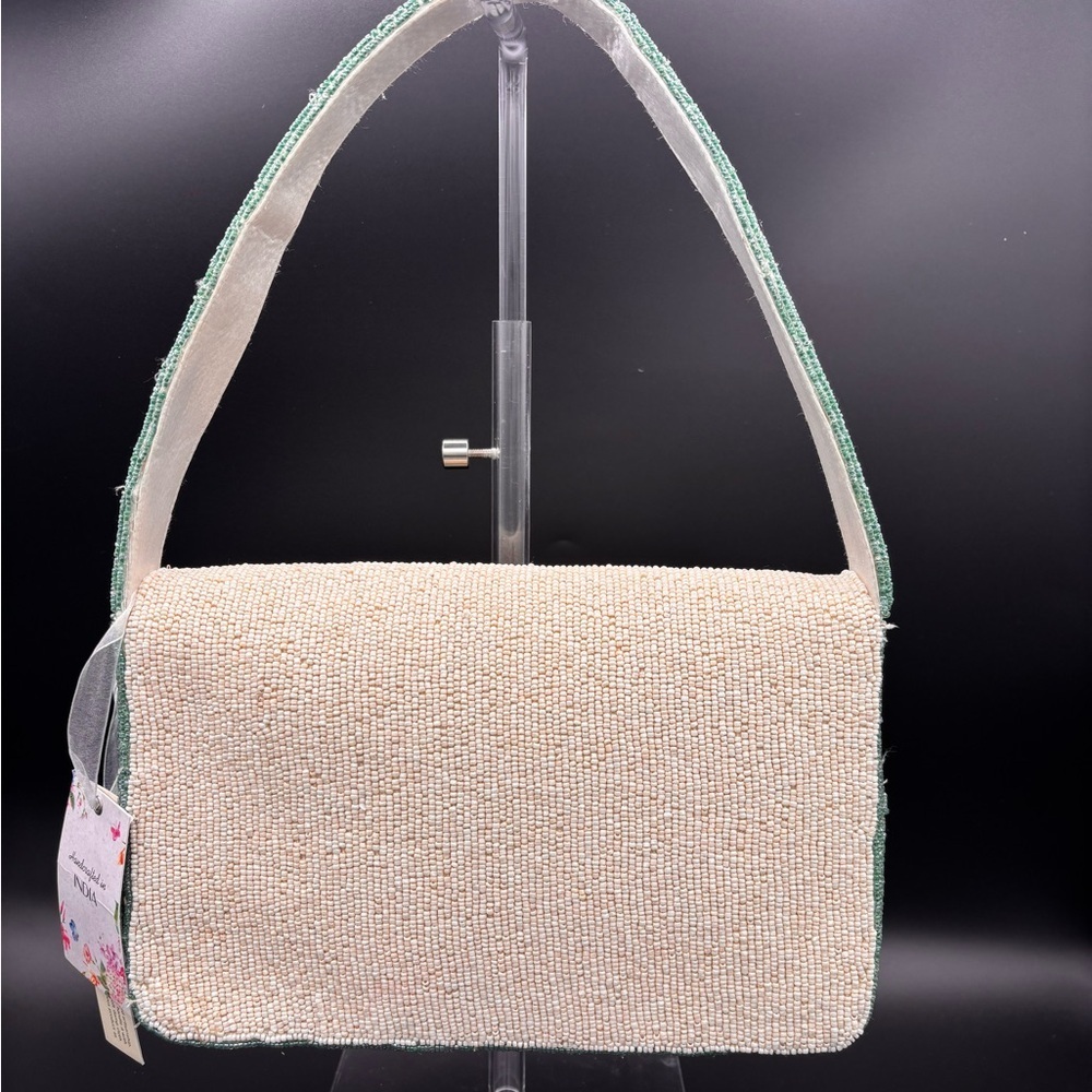 Made in India Diver Beaded Shoulder Bag- Green and Cream - Picture 2 of 11